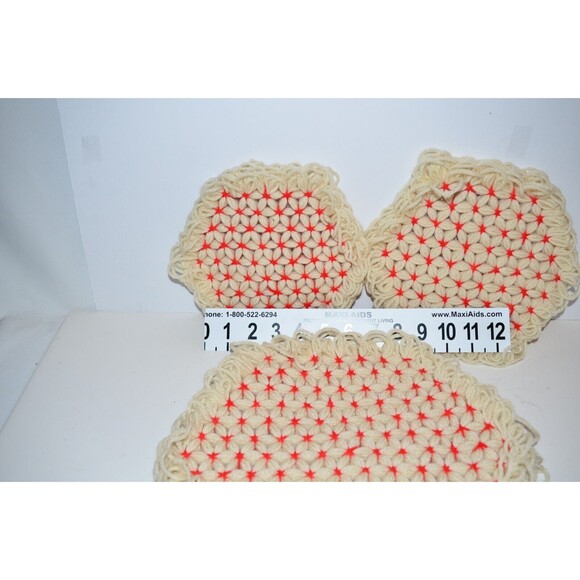 Crochet Trivet Set Three red white Grannycore Floral Hot Pads VTG 1970s - Picture 7 of 8